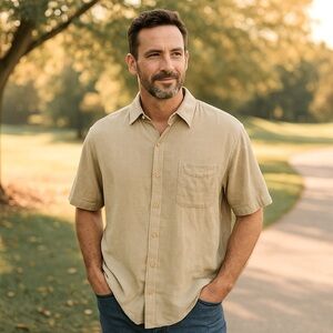 Tasso Elba Men's Casual Linen Blend Beige Button Down Shirt